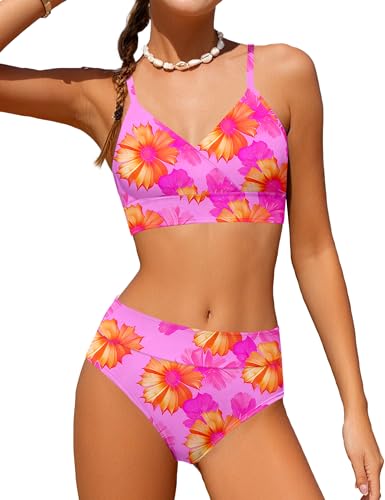 Image of Girls Swimsuit V Neck Bikini Set Color Block with Cover Up 3Pcs Bathing Suits