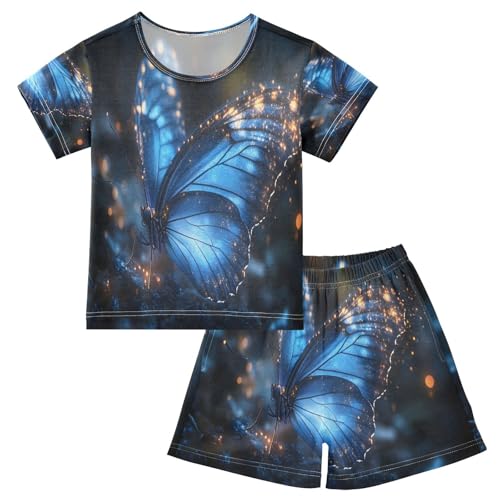 ALAZA Butterfly Blue 3d Landscape Pajamas Set Short Sleeve Cotton Sleepwear Summer Pjs 2 Piece 5-14Y