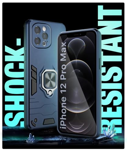 Image of WOW IMAGINE Shock Proof Back Case Mobile Cover for iPhone 12 Pro Max | Back Cover Case (Tough Armor | Hybrid PC + TPU | Ring Holder & in-Built Kickstand | Blue)