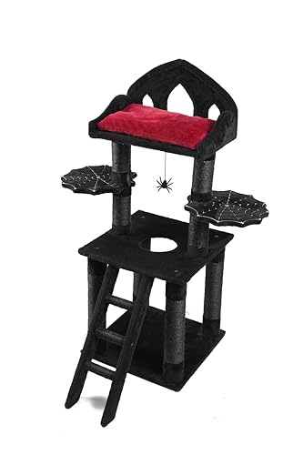 Gothic Cat Tree - 51in Black Cat Tower with Throne Goth Bed, Spooky Hanging Toys, Sturdy Spider Web Perch, Durable Sisal Scratching Posts - Goth Cat Tree for Majestic Rest