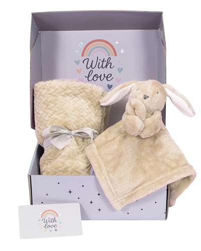 Hoolaroo Juego de regalo para bebé recién nacido, caja de cesta para bebé con edredón, manta de forro polar suave y tarjeta, listo para regalar, unisex, color caramelo