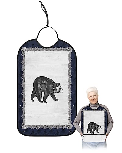 Farmhouse Bear Adult Bibs for Eating, Waterproof Bibs with Food Catcher & Adjustable Snap Closure, Black Animals Silhouette Blue Forest Washable Clothing Protectors Adult Bibs for Elderly Women/Men