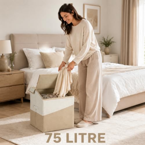 Image of 75 Liter Non Woven Laundry Basket with 2 Side Pockets for Socks and Handkerchief |Foldable Clothes Storage Bin Organizer for Dirty Clothes, Kids Toys, Bedroom & Bathroom (white beige)