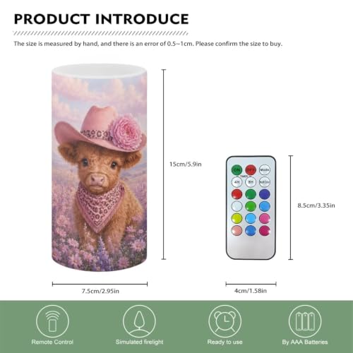 Image of Poceacles Flickering Flameless LED Battery Candles Pillar Candles Tealight with 18-Key Timer Remote with Colorful Light for Indoor Outdoor Home Decor, Cowboy Highland Cow Floral Print Pink