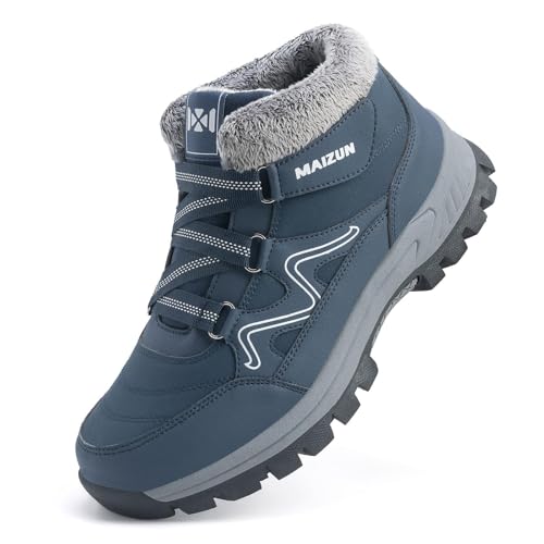 Image of Moodeng Mens Winter Snow Boots Water-Resistant Outdoor Hiking Shoes Anti-Slip Snow Boots Warm Fur Lined Fashion Sneaker Blue Size 9.5