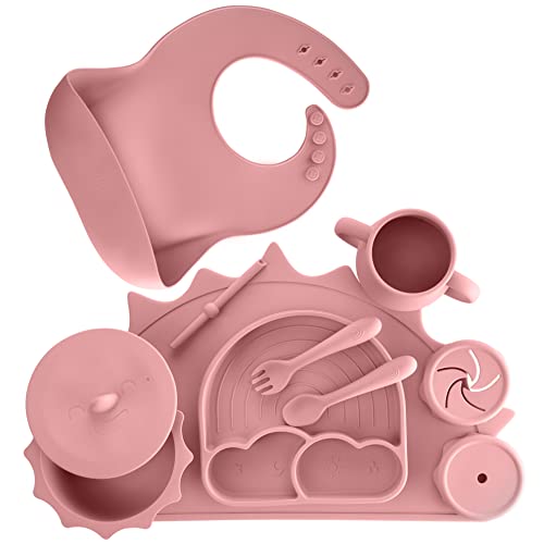 Image of Baby Pastels - Baby Feeding Set - Baby Led Weaning Supplies - Silicone Suction Utensils/Cutlery/Dishes/Dinnerware for 6-36 months - Bowl, Plate, Spoon Fork, Bib, Placemat, Cup 11 Pieces (Pastel Pink)
