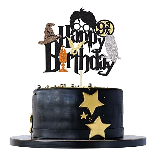 1Pcs Wizard Happy Birthday Cake Topper Magical School Wizard Cake Decoration Glitter Black Wizard Themed Cake Picks for Kids Babyshower Birthday Party Decorations Supplies