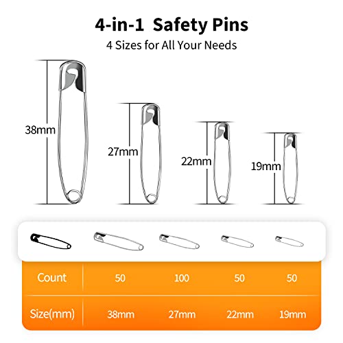Officepal Premium Quality 4-Size Pack Of Safety Pins- Top 250-Count – Durable, Rust-Resistant Nickel Plated Steel Set- Best Sewing Accessories Kit For Baby Clothing, Crafts, Arts (4-Size In 1 No.002) #TOP1