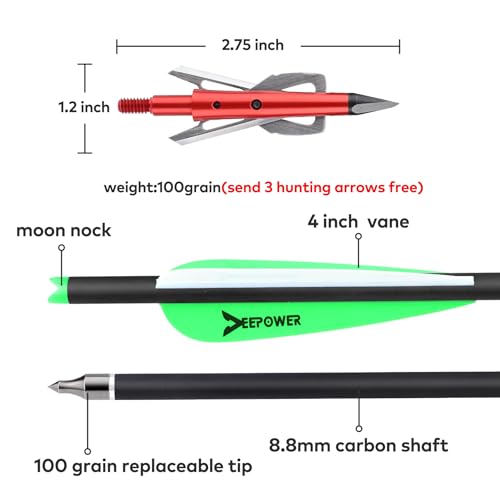 DEEPOWER 20 inch Crossbow Bolts with Mechanical Broadheads and Lighted Nocks for Hunting and Outdoor Practice Carbon Crossbow Arrows - Thumbnail 2