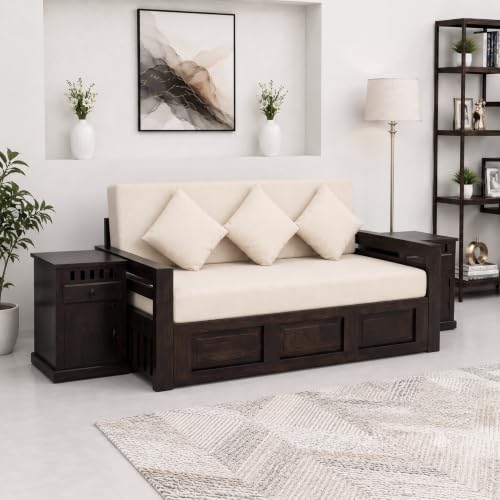 Image of SONA ART & CRAFTS Regal Sheesham Wood 3 Seater Sofa Cum Bed with Bedside | Wooden 3 Seater Sofa for Living Room Wooden Furniture Sofa Bed for Home (Walnut Finish)