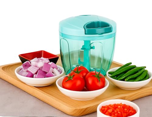 Image of Large Manual Food Chopper with Pull Cord, 5 Stainless Steel Blades - 1000ml Vegetable, Fruit & Onion Cutter (Green)
