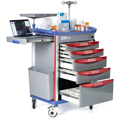 Image of 5-Tier Medical Cart with Wheels, Hospital Emergency Rolling Crash Carts with Adjustable IV Pole, Cardiac Board, O2 Holder, Power Strip, Trash Bin - Ideal Nursing Cart for Clinics, Hospitals