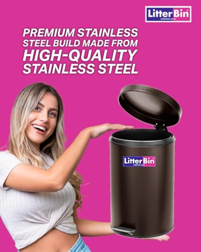 Image of LITTERBIN Stainless Steel Pedal Dustbin with Lid | Small Compact Space Saver SS Trash Can for Office, Home, Kitchen, Room, washroom, bathroom (Black 5 Liter)