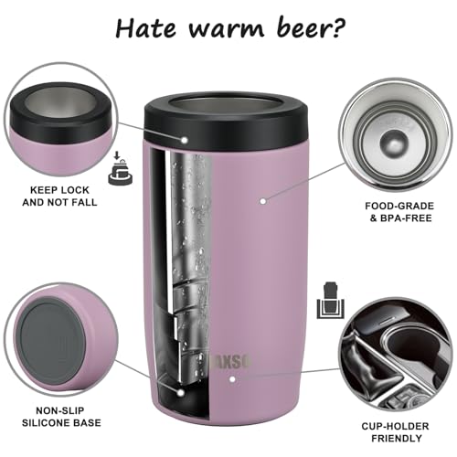 Image of 4-in-1 Slim Can Cooler Easy to Hold Insulated Beer Can Holder Double-walled Stainless Steel for All 12 Oz Cans (Purple)