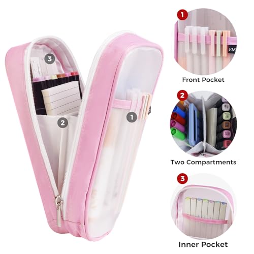 Image of Fmeida Grid Mesh Pencil Case - Upgraded 4 Compartment Pencil Pouch, Clear Adult Pencil Bag Aesthetic Marker Pouch Stationary Bag Office Organizer for College Business Travel - Pink&White