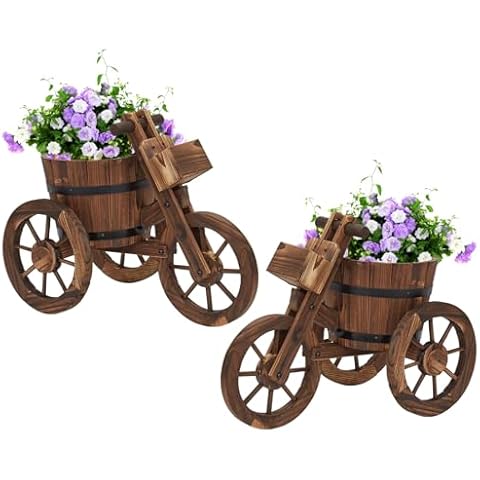 Kinsunny 2Pcs Wood Cart Garden Planter Pot w/3 Wheels Barrow Wagon Flower Barrel Outdoor Decoration for Patio Lawn Backyard Cover