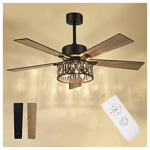 AUTELO Modern Ceiling Fan, 52 Inch Ceiling Fans with Lights and Remote Control, 5 Reversible Blades Ceiling Fans with Lights, Crystal Ceiling Fans in Black and Wooden Finish for Living Room, F9327