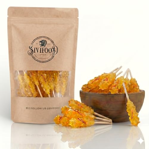 SIVIFOOD Kandiszucker Sticks mit Safran [10 Stück] Goldener Kandis am Stiel Edle Safran-Kandiszucker Sticks für Tee & Kaffee Klassische Kandissticks aus Kristallzucker (Nabat) zum Genießen