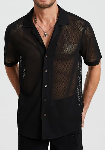 HISDERN Mens Summer Beach Shirts Casual See Through Sheer Lace Shirt Short Sleeve Button Down Mesh Shirt for Men3