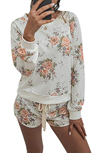 Viottiset Women's 2 Piece Tie Dye Lounge Set Long Sleeve Sweatsuit Shorts Outfits Summer Floral Print Baby Pink S