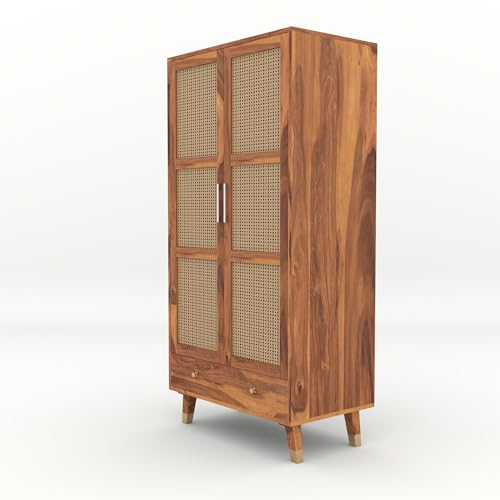 Image of Solid Sheesham Wood 2 Door Wardrobe with Rattan Cane Work & 3 Drawer | Rosewood Almirah for Bedroom Storage (Natural Finish)