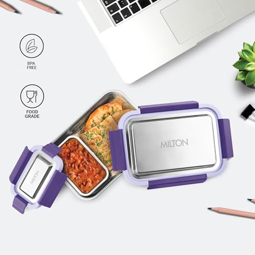 Image of MILTON Modern Meal Sr. Stainless Steel Tiffin, Set of 2 (950 ml,150 ml), Purple | Food Grade | BPA Free | Refrigerator Safe | Odour Free I Durable and Stylish Lunch Box for Home, Office & Travel