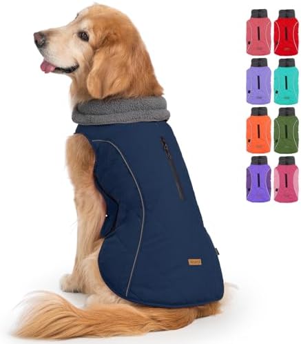 EMUST Dog Jacket Polyester Winter Coat for Medium Large Dogs, Reflective Vest with Zipper, Warm for Cold Weather, Dark Blue, L