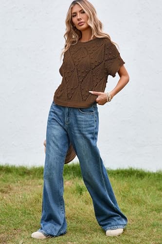 Image of Cakulo Womens Summer Crochet Boho Crop Tops Short Sleeve Lightweight Knit Sweater 2026 Beach Vacation Cruise Resort Wear