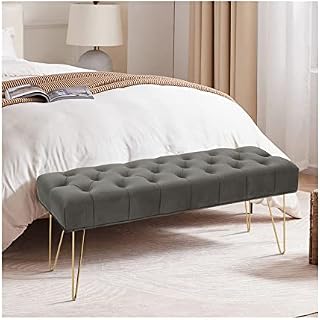 INMOZATA Ottoman Bench with hairpin legs Button Tufted Bed End Stool Velvet Pouffe Window Seat Sofa Bench for Living Room Bedroom Hallway Grey