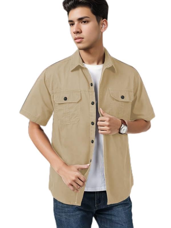 Image of SHIENZY Men's Regular Fit Solid Printed Cotton Casual Shirt || Half Sleeve, Double Pocket || Denim Jacket Style Fashionable Western Outfit