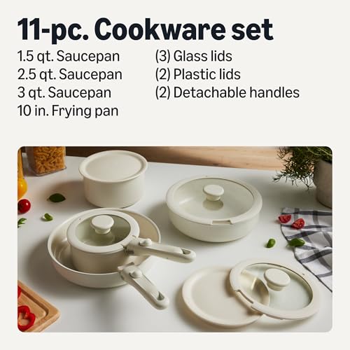 Image of Amazon Basics Ceramic Nonstick Cookware Set with Detachable Handles, 11-Piece Stackable, All Cooktop Friendly, Dishwasher-Safe, Includes Saucepan, Frying Pan, Glass and Plastic Lids, Linen Gray