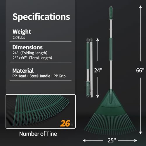 Shantra CPX-007-SIC-US3 Garden Leaf Rake, 65.7 Inch Garden Rakes With Foldable Lightweight Steel Handle, 26 Tines Plastic Head Shrub Rake thumb #1