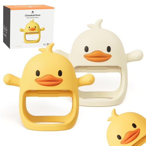Image of ChooKaChoo 2 Pack Baby Teething Toy for Over 3 Months, Food Grade Silicone Teething Mitten, Anti Dropping Wrist Hand Teethers Baby Chew Toys for Sucking Needs, BPA Free (Duckie)
