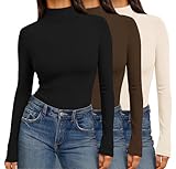 Ekouaer Women's Mock Turtleneck Long Sleeve Shirts 3 Pack Lightweight Soft Stretch Fitted Thermal Top Black/Brown/Beige M