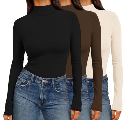 Ekouaer Women's Mock Turtleneck Long Sleeve Shirts 3 Pack Lightweight Soft Stretch Fitted Thermal Top Black/Brown/Beige XL