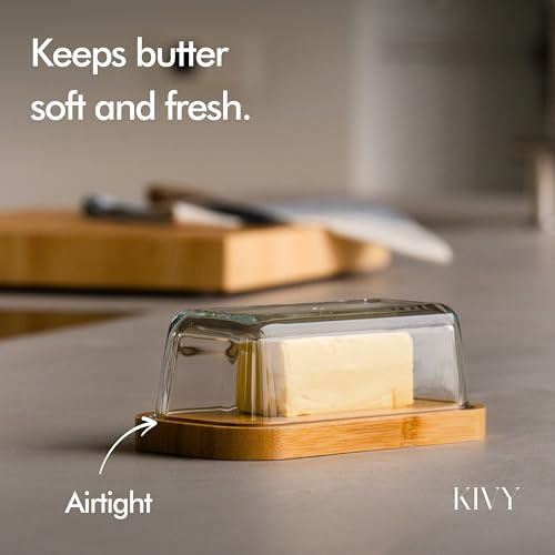KIVY Glass butter dish with airtight lid that keeps butter soft - For countertop and refrigerator door shelf - Butter tray with lid fridge - Butter