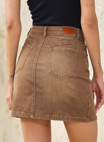 Image of Sidefeel Women's Jean Skirt High Waist Drawstring Stretchy Casual Summer Loose Fit Trendy Mini Denim Skirt with Pockets
