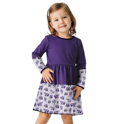 Fall Winter Girls Long Sleeve Dress - Soft Organic 100% Cotton Purple Hippo Animal Print - Casual School Playwear