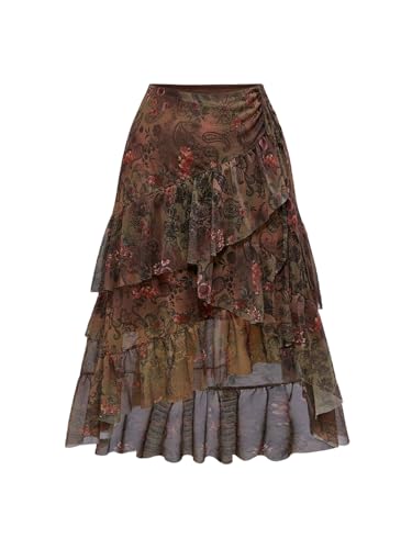 WDIRARA Women's Plus Size Paisley Floral Layered Ruffle Skirt Vintage High Low Long Skirts Boho Hippie Style