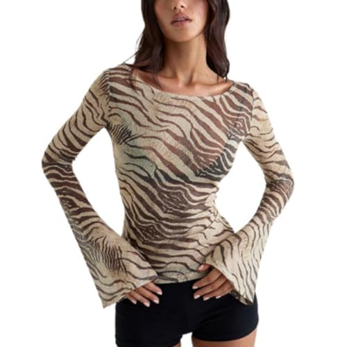 Animal Print Tops for Women Zebra Print See Through T Shirt Long Sleeve Y2K Aesthetic Going Out Tops