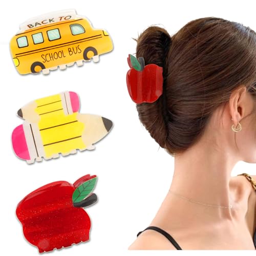 KICOSY 3PCS Pinzas para el cabello formas manzana y bus escolar miniatura 1