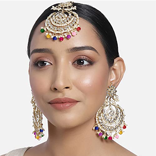 Image of Peora Traditional Jewellery Rhodium Kundan & Pearl Maang Tikka Earring Set for Women Girls