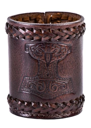 Ulfberth - Gobelet à dés Viking de qualité supérieure avec Motif Mjölnir - en Cuir véritable - Tasse médiévale - LARP - (Marteau de Thor Marron)