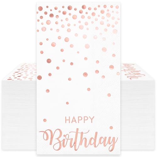 JarThenaAMCS 50Pcs Happy Birthday Guest Napkins Rose Gold Foil Dots Birthday Disposable Paper Napkins Dinner Hand Towel for Women Bathroom Party Supplies