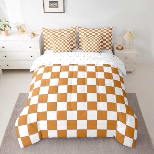 Image of Erosebridal White Orange Checkered Queen Bedding Set 7 Piece Buffalo Plaid Grid Comforter Set with Sheets,Checkerboard Bed in A Bag for Kids Adults Men Women Aesthetics Gingham Bed Set