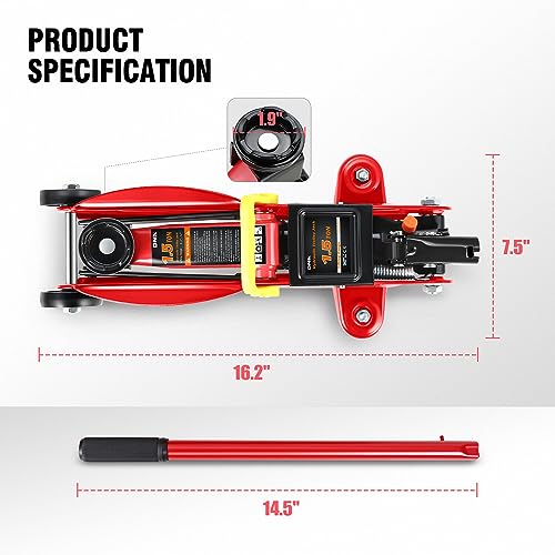 Image of DNA Motoring 1.5 Ton Car Floor Jack Low Profile Hydraulic Trolley Service /Floor Jack, 1.5T / 3000 lbs Capacity, Lifting Range 5.3 Inch -12 Inch, with Storage Case, Red, TOOLS-00326