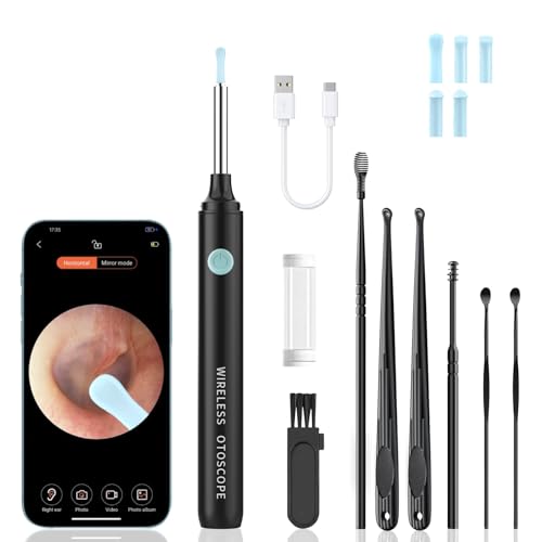 Ear Wax Removal Kit - Ear Cleaner with Camera, Otoscope Camera with 6 Silicon Ear Spoon with 1080P, Ear Camera with LED Light, Ear Cleaning Kit for iPhone, iPad, Android -Black