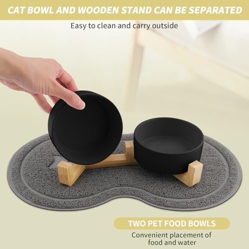 Zosenyer Katzennapf, 2 Stück Keramik Futternapf Katze Set, 3-in-1 rutschfeste Katzennäpfe mit Holzstände und Matten, Fressnapf und Wassernapf für Katzen und Kleine Hunde