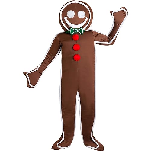 SANSIWU Gingerbread Man Cartoon Doll Cosplay Costume Jumpsuits Outfit Funny Halloween Gingerbread Man Party Costume for Adults (A-Khaki S)