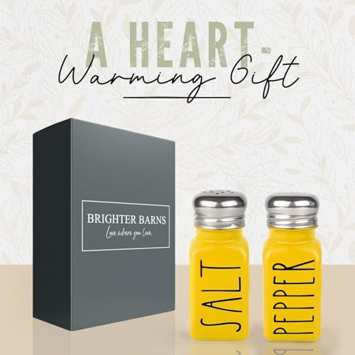 Image of Yellow Salt and Pepper Shakers Set by Brighter Barns - Cute Kitchen Decor & Kitchen Accessories - Cute Glass Shakers - Farmhouse Decor for Home Restaurants Wedding Gift & Stainless Steel Lid (Yellow)